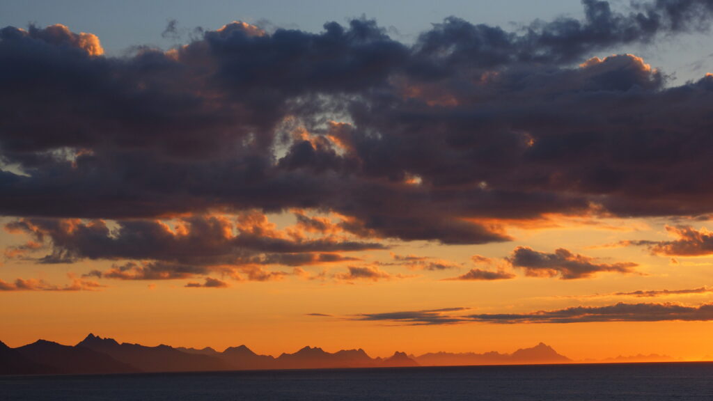 Lofoten Wall, view from Moskenes, sunset over the sea, Lofoten, Norwa