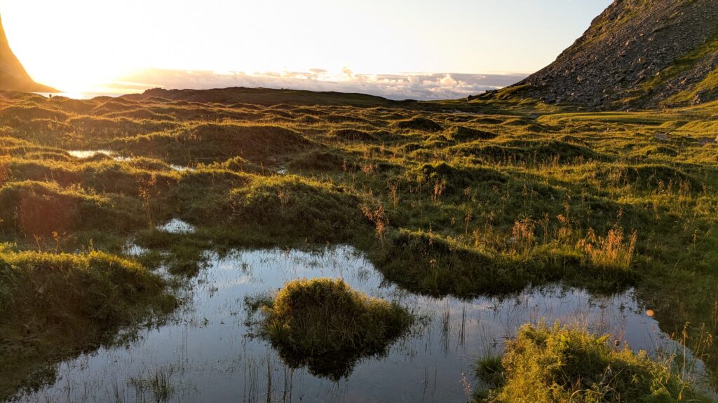 Morning light illuminating the valley behind Horseid Beach in the Lofoten Islands.