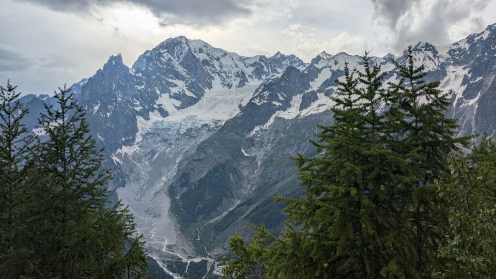 Mont Blanc view with trees, Tour du Mont Blanc, Courmayeur → Tronchey