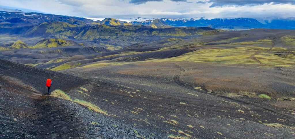 View towards Emstrur across a volcanic valley on the Laugavegur Trail, Iceland.