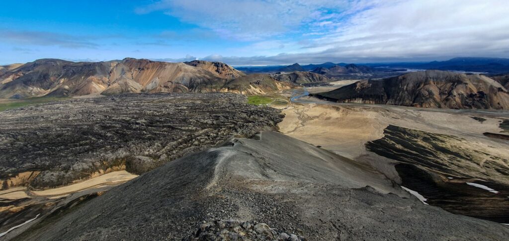 Panoramic view of volcanic landscapes and hiking path on the Laugavegur Trail, Iceland