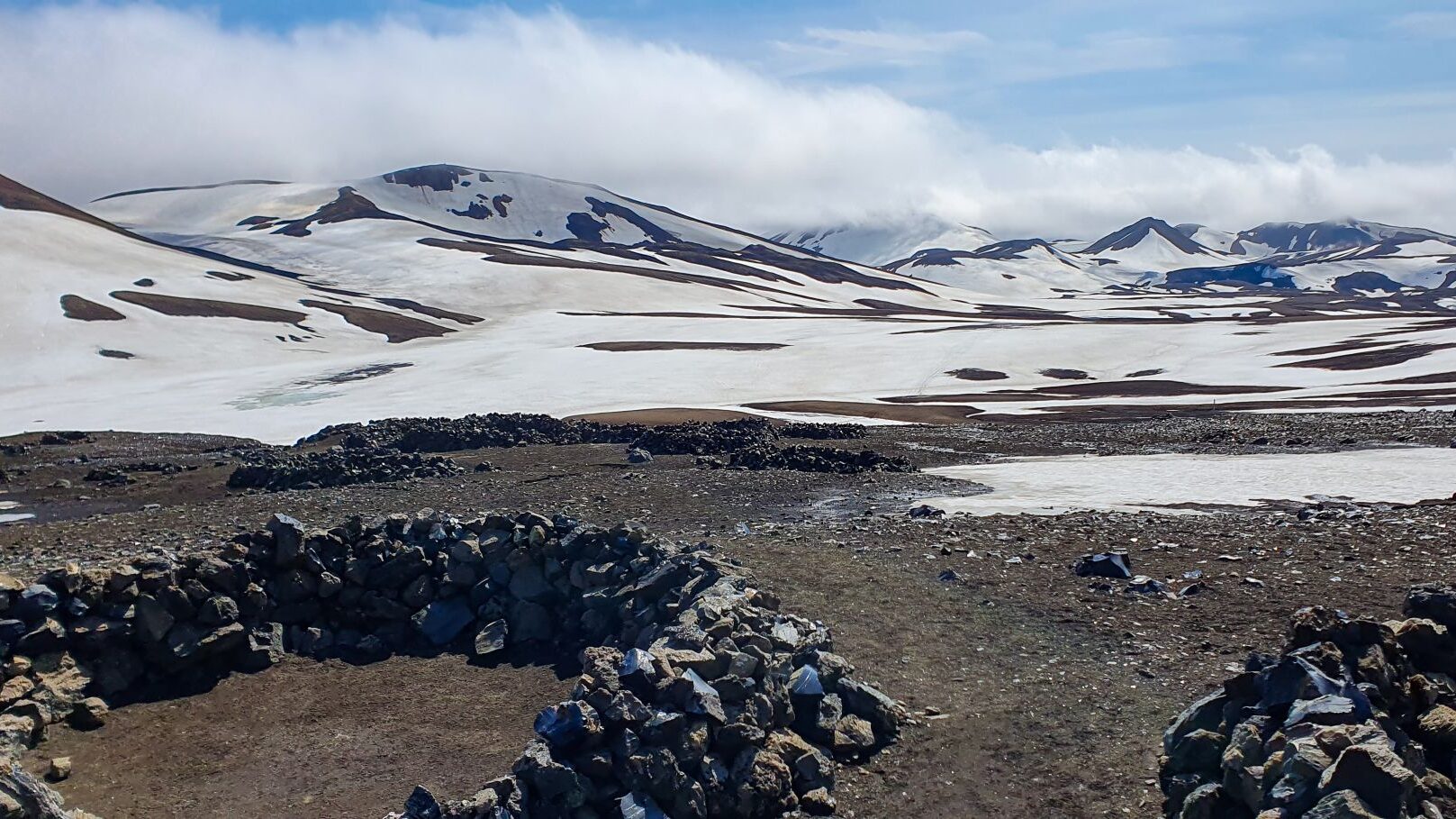 stone wind shelters at Hrafntinnusker, Iceland