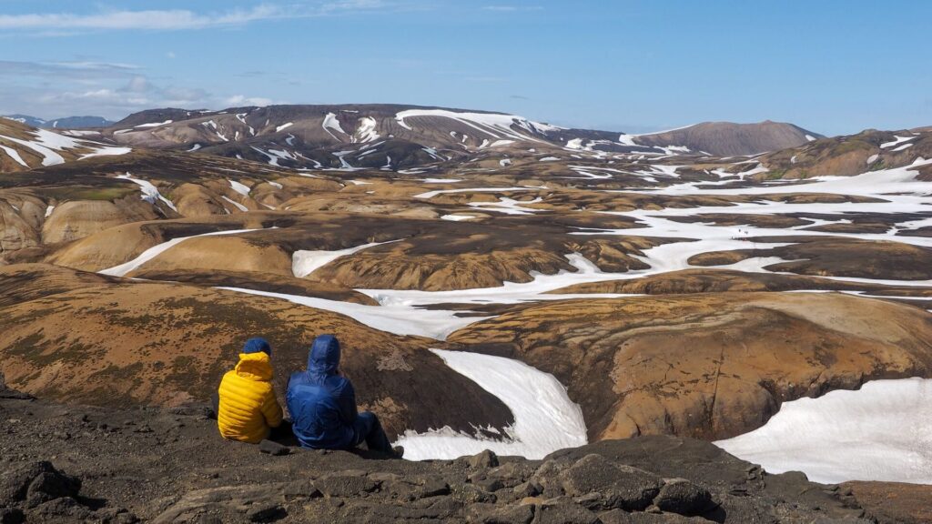 two boys looking at brown and white areas, Laugavegur Trail, Iceland