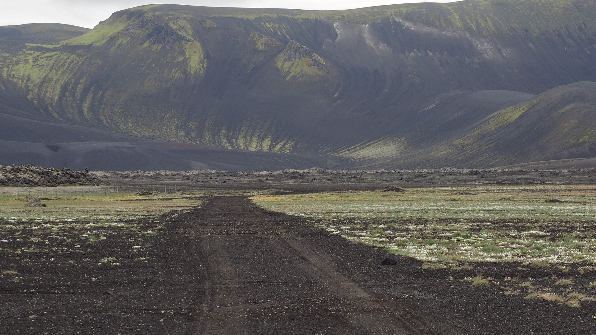 the road through the volcanic valley and green mountains to Landmannalaugar, Iceland